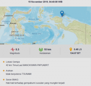 Gempa M5.3 Guncang Manokwari, Tidak Potensi Tsunami