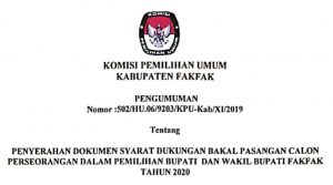 Penyerahan Dokumen Syarat Dukungan Bakal Pasangan Pasangan Calon Perseorangan Dalam Pilbup dan Wabup Fakfak Tahun 2020