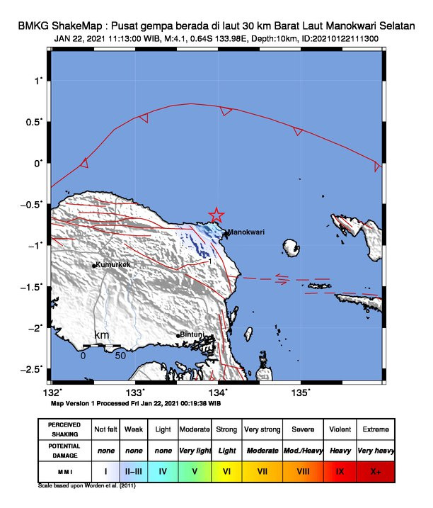 Gempabumi Tektonik Dirasakan di Manokwari-Papua Barat